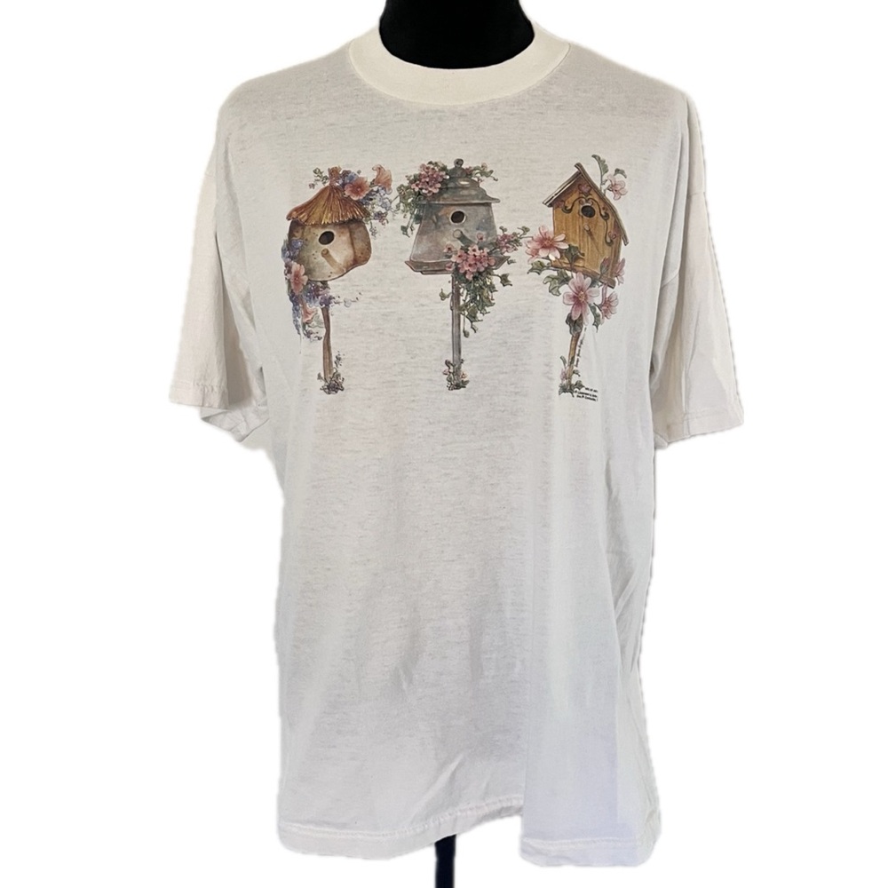 ARTS UNIQ’  1990s VTG Birdhouse T-Shirt Size XL Floral Cotton Fruit of the Loom